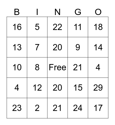Numeros del 1 al 31 Bingo Card