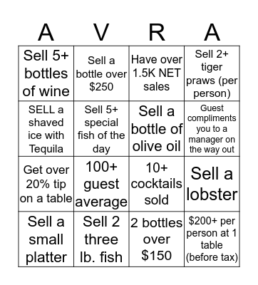 100 AVRA BUCKS!!! Bingo Card