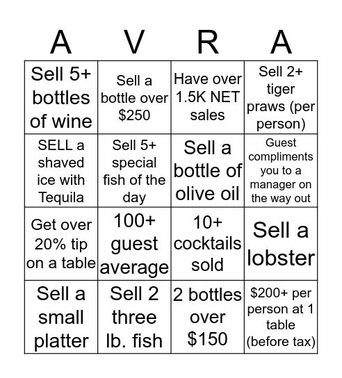 100 AVRA BUCKS!!! Bingo Card