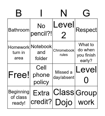 Classroom expectations  Bingo Card