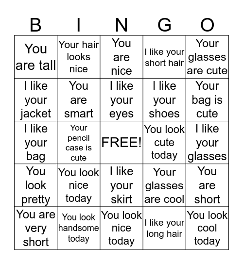 Compliment Bingo Card