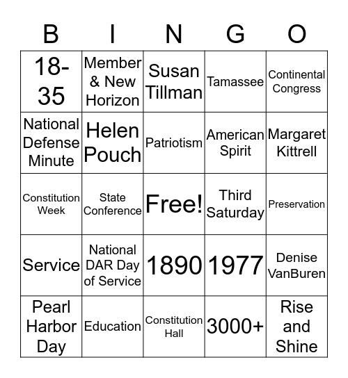 DAR Bingo Card