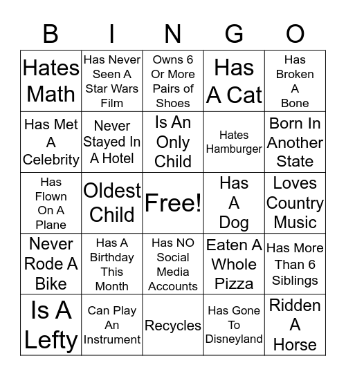 Getting To Know You Bingo Card