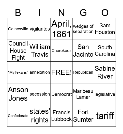The Civil War Bingo Card