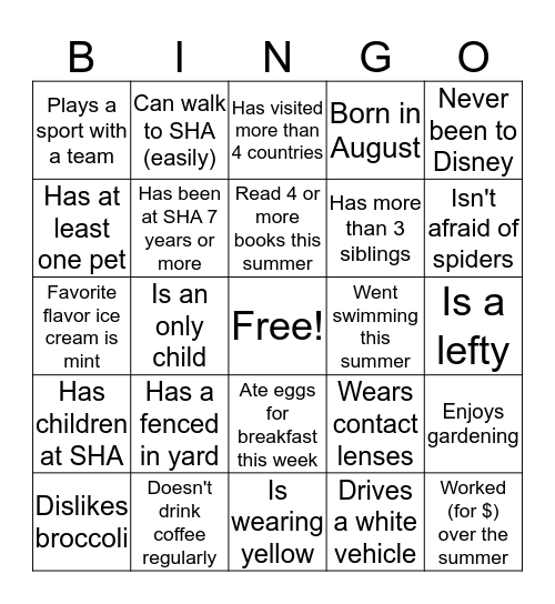 Welcom Back BINGO Card