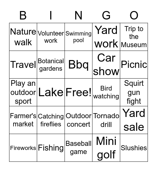 Summer Activity Bingo Card