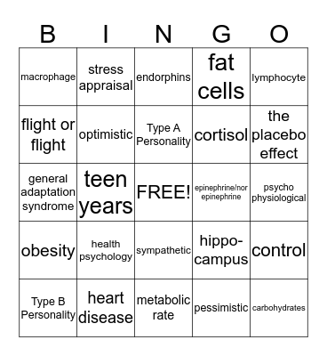 Stress and Health Bingo Card