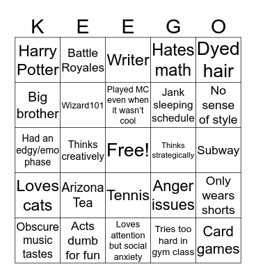 Keegan Culture Bingo Card