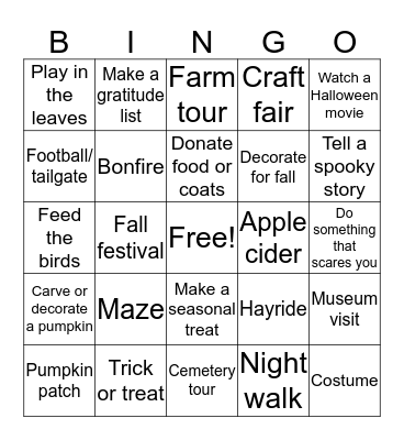Fall Activity Bingo Card