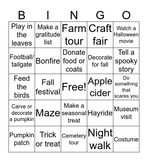 Fall Activity Bingo Card