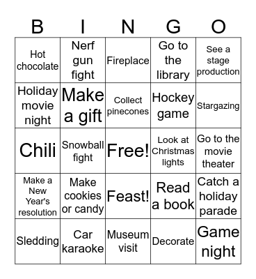 Winter Activity Bingo Card