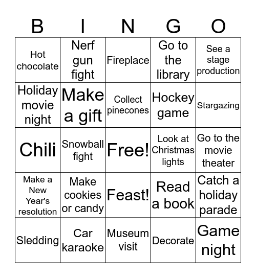 Winter Activity Bingo Card