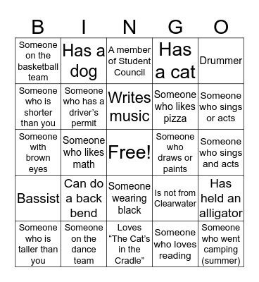 Back to School Bingo Card
