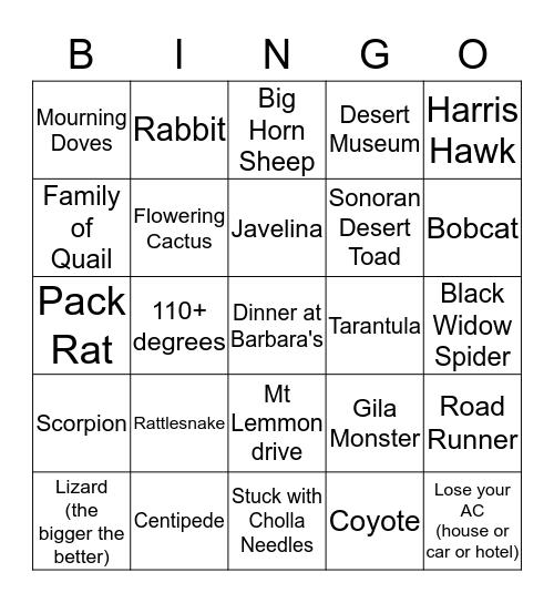 Tucson Bingo Card