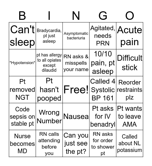 Night Float Bingo Card