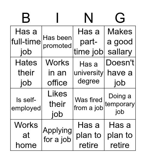 Work: Ask and answer with one follow-up question Bingo Card