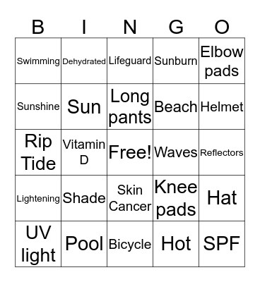 Summer Safety Bingo Card