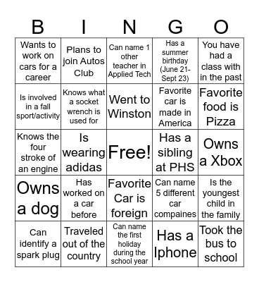 Small Engines Bingo Card