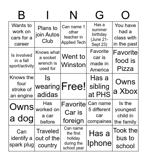 Small Engines Bingo Card