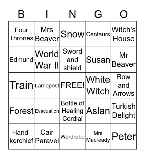 The Lion, the Witch, and the Wardrobe Bingo Card