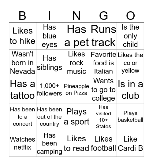 First Day Get To Know You Bingo Card