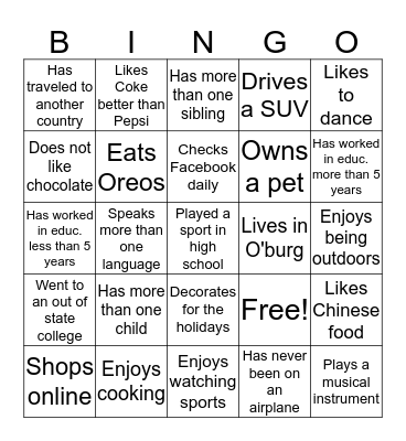 Staff Scavenger Hunt Bingo Card