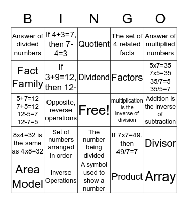 Fact Families Bingo Card