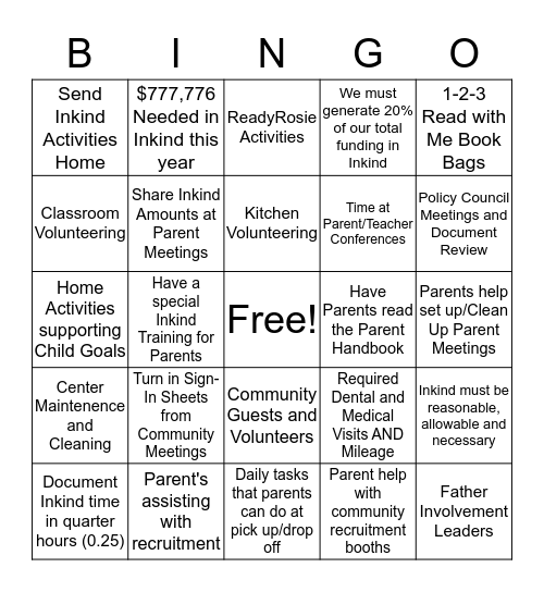 Inkind Bingo Card