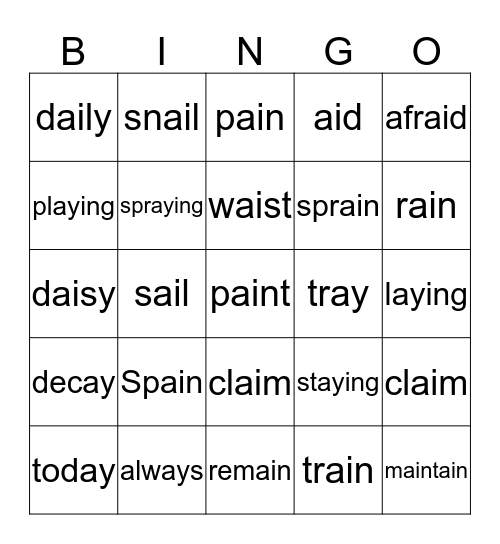 ai / ay  sounds Bingo Card