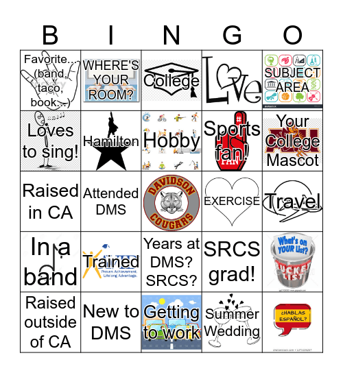 Davidson Middle School Bingo Card