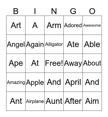 A-Words Bingo Card
