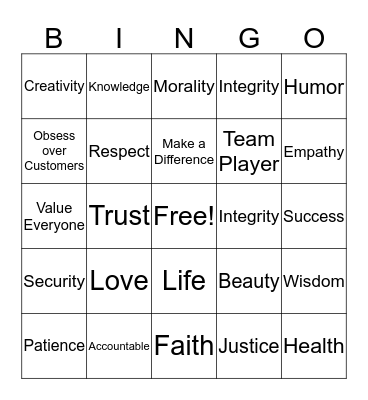Values Bingo Card