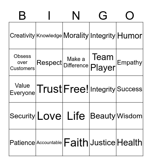 Values Bingo Card