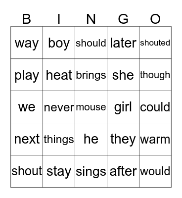 Spellings Bingo Card