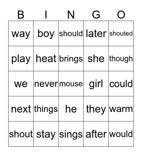 Spellings Bingo Card