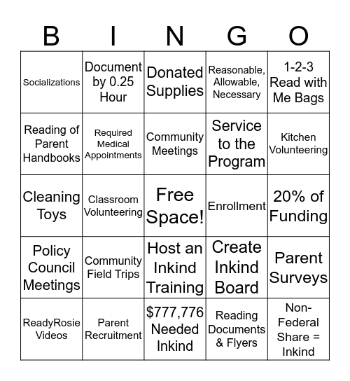 Inkind Bingo Card