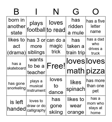 getting to know you Bingo Card