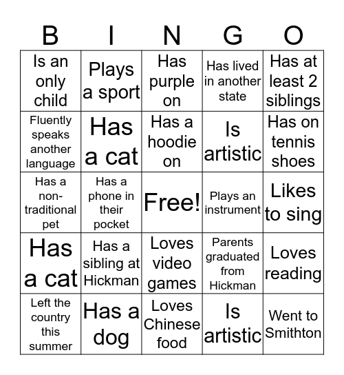 Get to know you Bingo Card