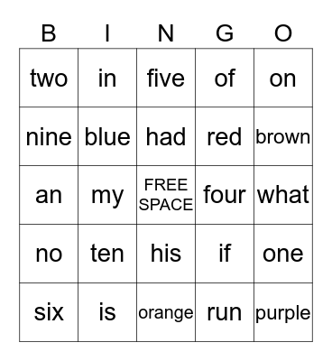 SIGHT WORD Bingo Card
