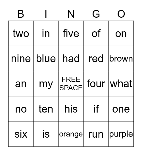 SIGHT WORD Bingo Card