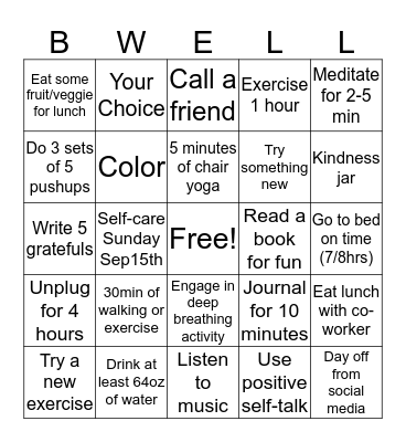 Self-Care September Bingo Card