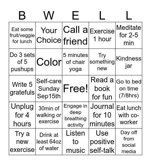 Self-Care September Bingo Card