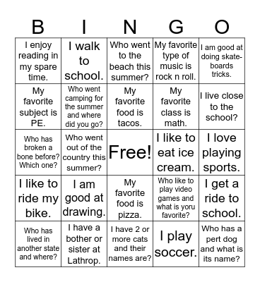 Back to School Bingo Card