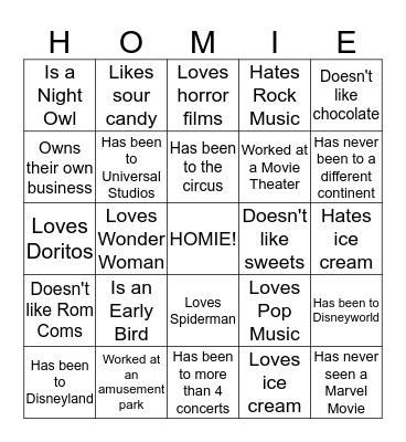 HOMIE Bingo Card