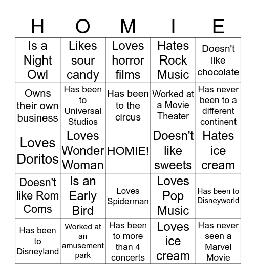 HOMIE Bingo Card
