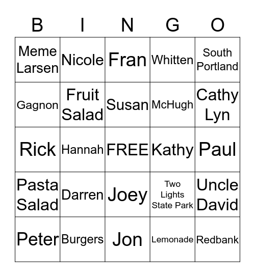 Larsen Family Bingo Card