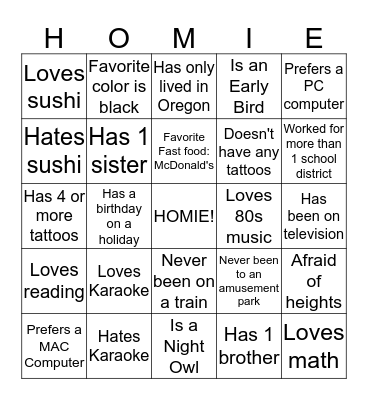 HOMIE Bingo Card