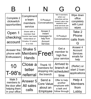 SERVICE REP BINGO Card