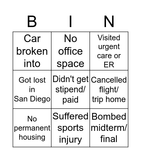 Bad Luck Bingo Card