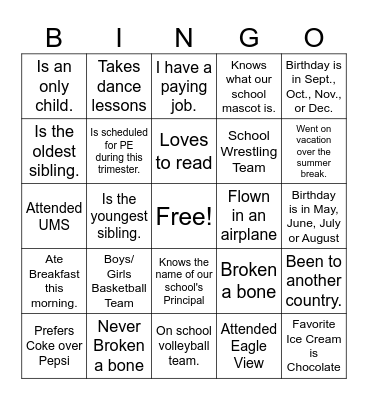 Who am I? Bingo Card